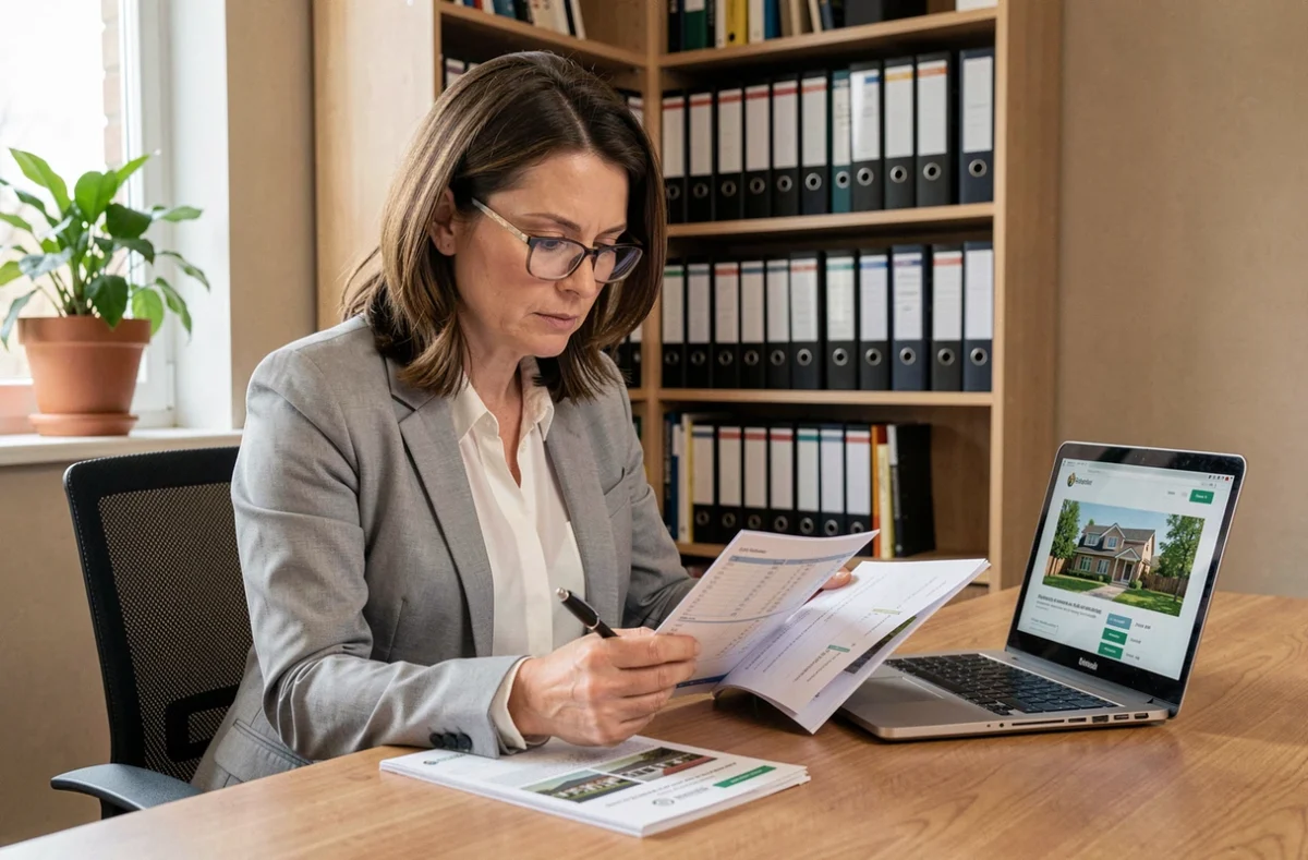 Femme consultant un annuaire de copropriétés imprimé et un site immobilier sur ordinateur portable dans un bureau à domicile