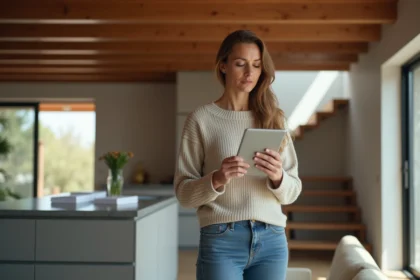 Femme en sweater consultat un tablet dans maison moderne