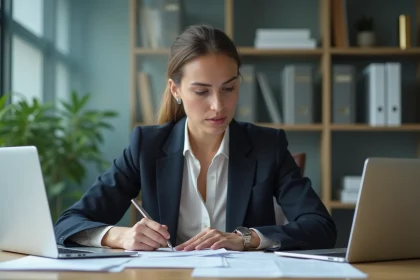 Femme d affaires examinant un contrat au bureau