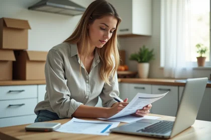 Femme consultant des documents de contrat EDF après emménagement dans un nouvel appartement