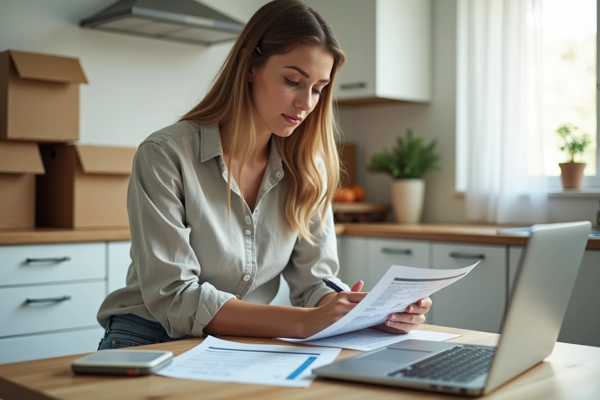 Femme consultant des documents de contrat EDF après emménagement dans un nouvel appartement