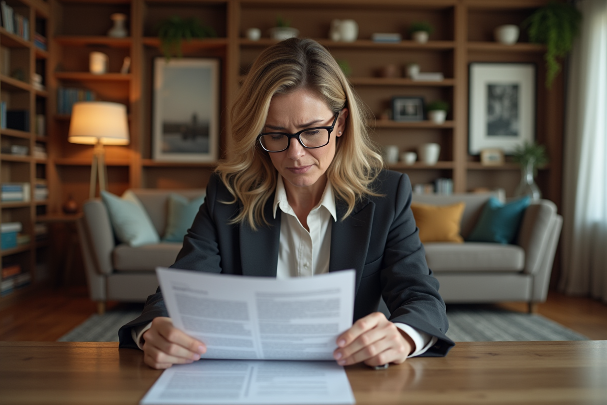 Femme d'âge moyen examinant un contrat immobilier à la maison