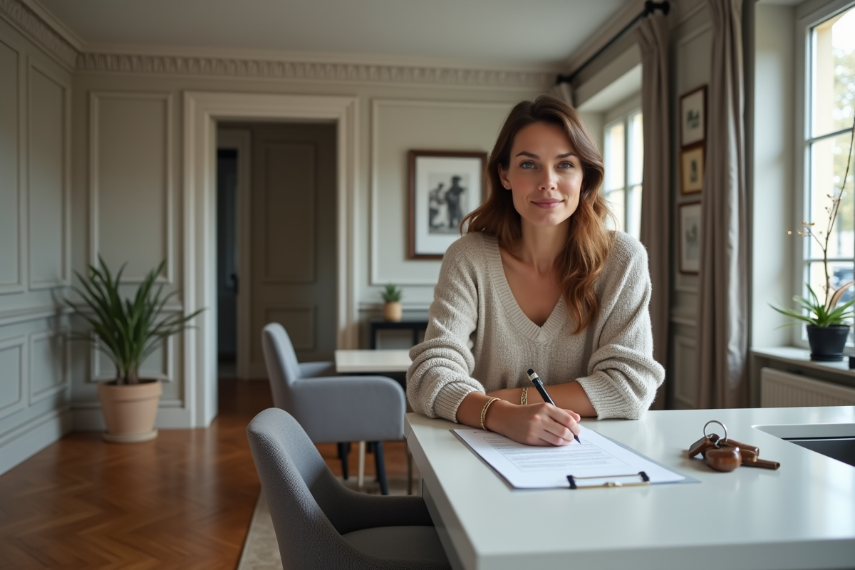 Femme d'affaires signant un contrat de location dans un appartement parisien