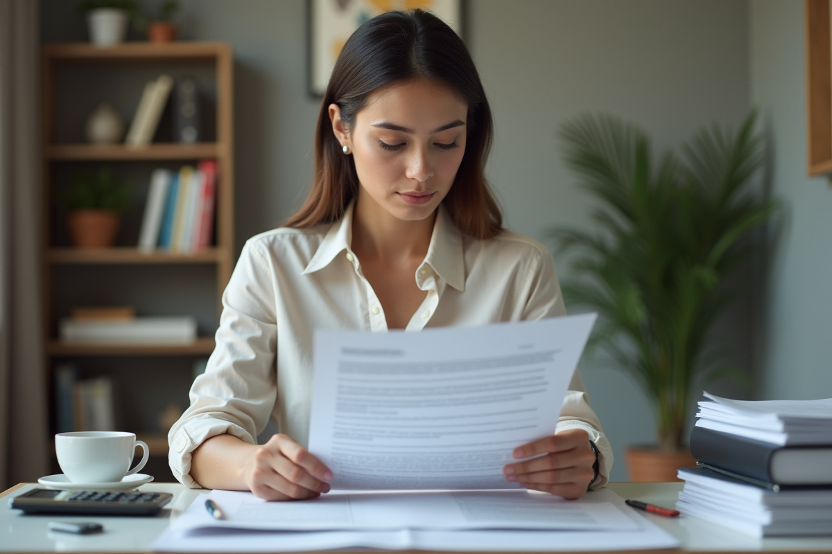 Femme examinant un contrat de pret dans un bureau à domicile