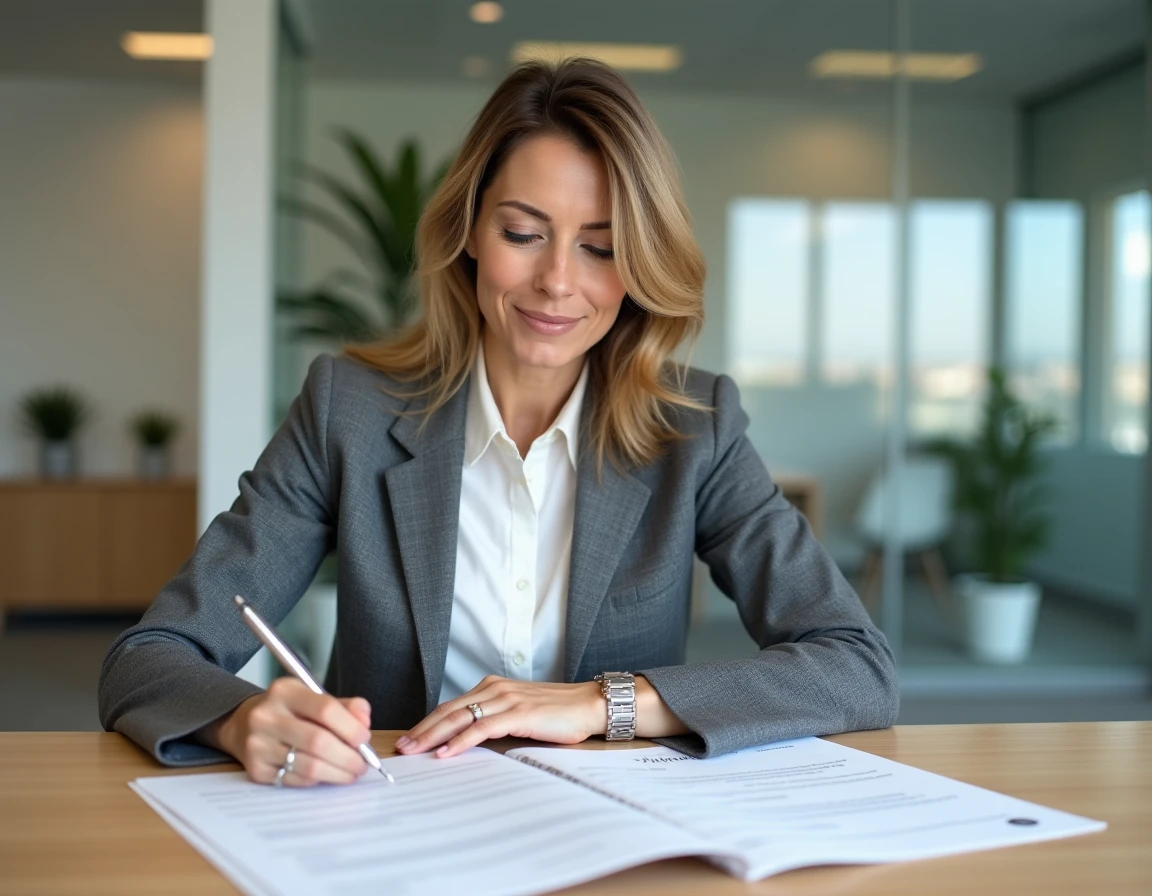 Une femme examine attentivement un contrat de viager annoté dans un bureau juridique moderne
