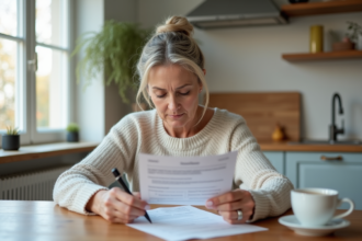 Femme d'âge moyen examine des documents d'assurance à la maison