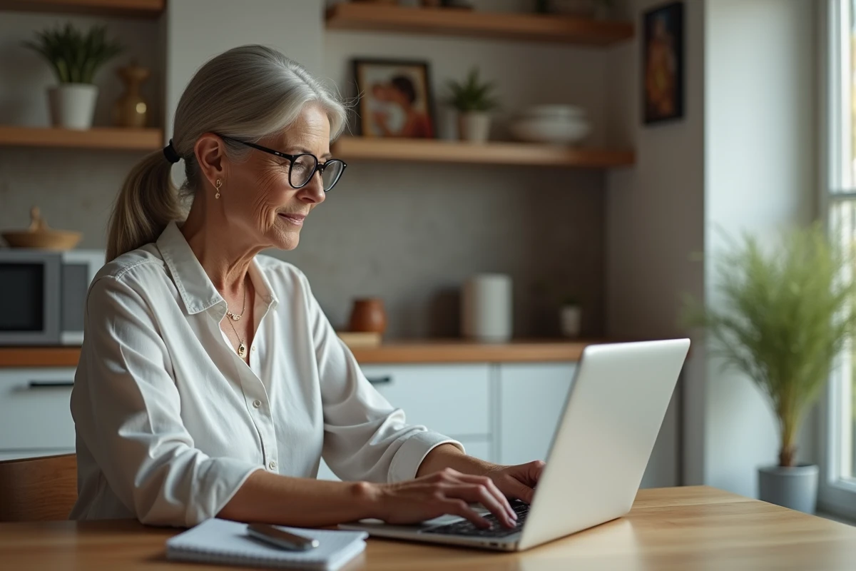 Femme d'environ 50 ans utilisant un ordinateur dans sa cuisine