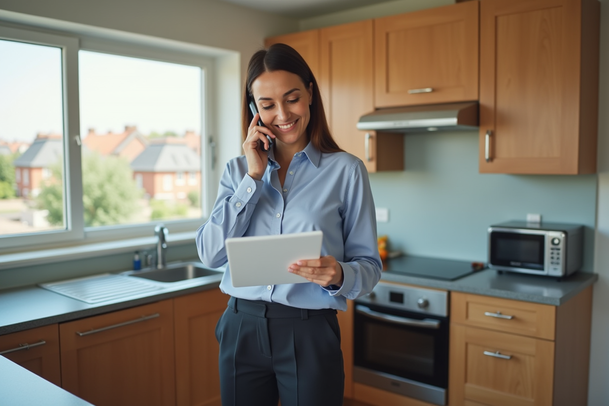 Femme en cuisine parlant au téléphone et notant