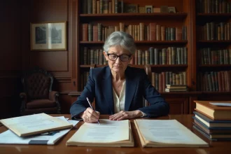 Femme examinant des documents d'usufruit et d'indivision dans un cabinet notarial