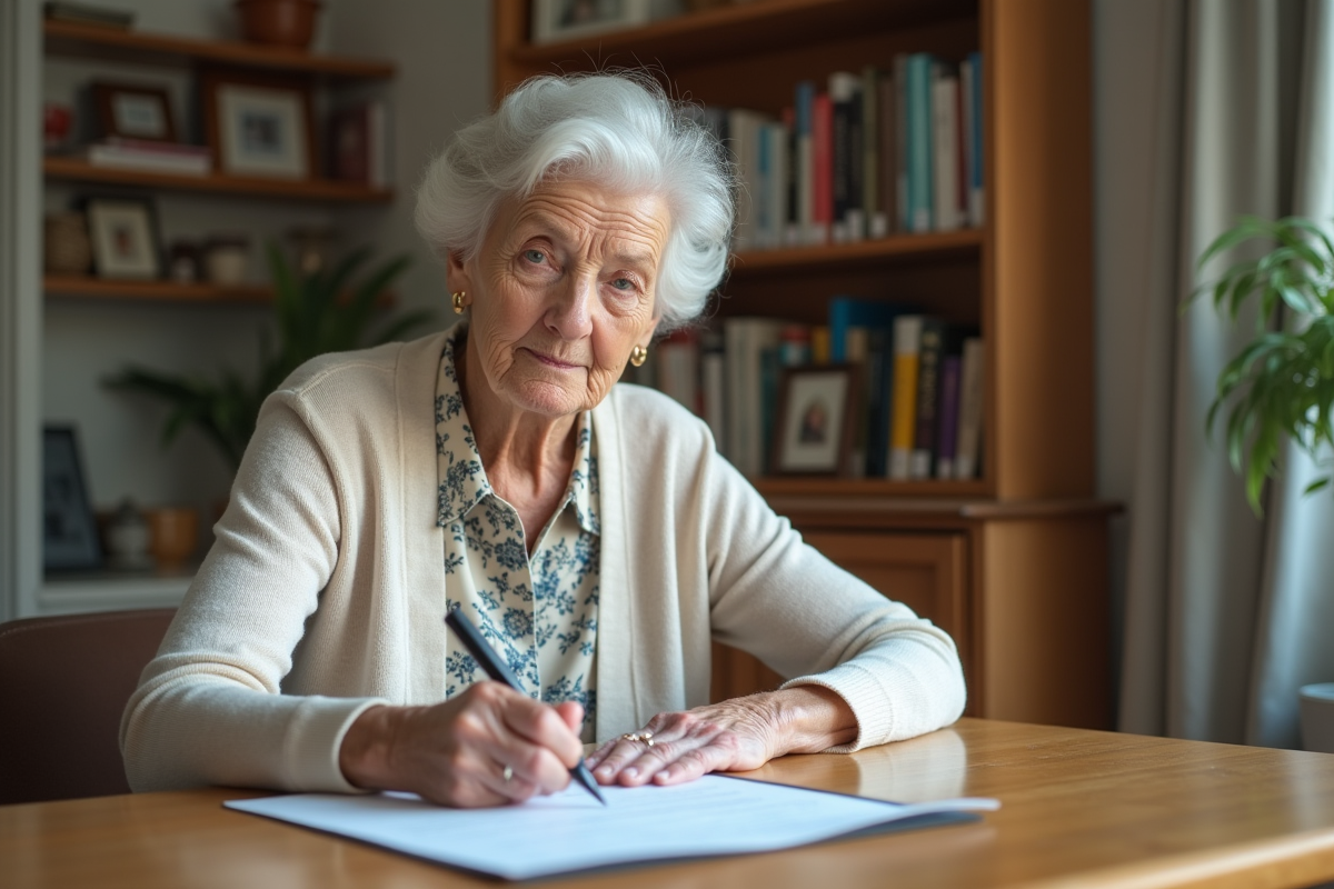 Femme âgée signant un avis de licenciement dans sa cuisine