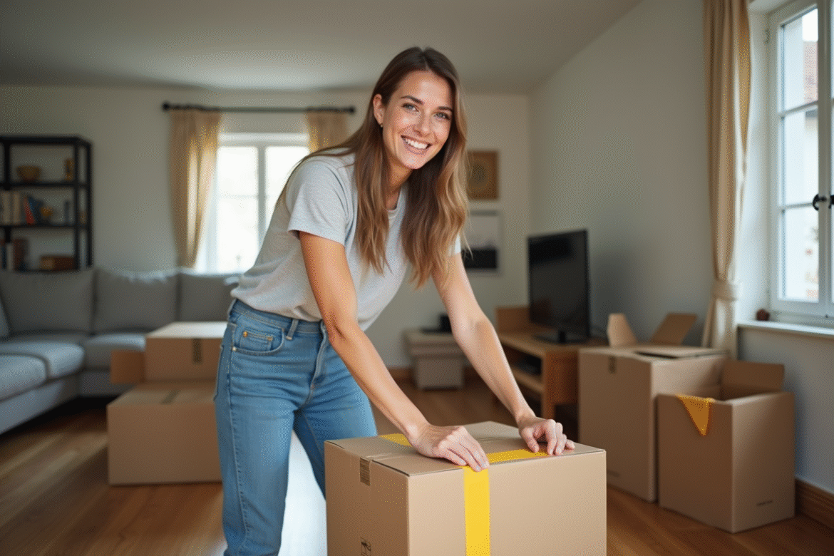 Jeune femme emballant une boîte en carton dans un salon