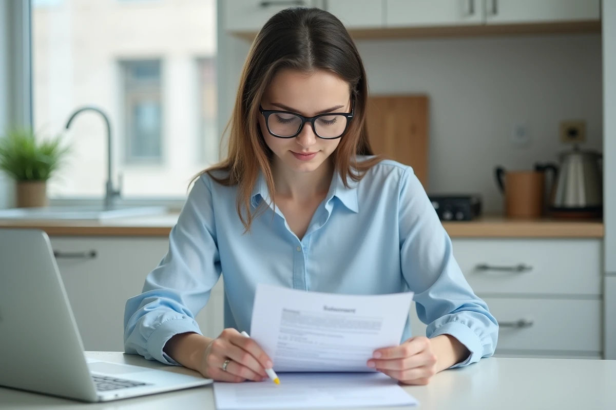 Jeune femme étudiant les frais de notaire sur un document officiel à son domicile