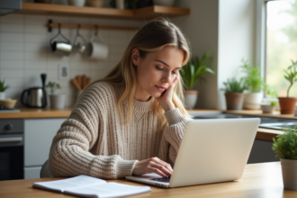 Femme concentrée remplissant un formulaire dans une cuisine lumineuse