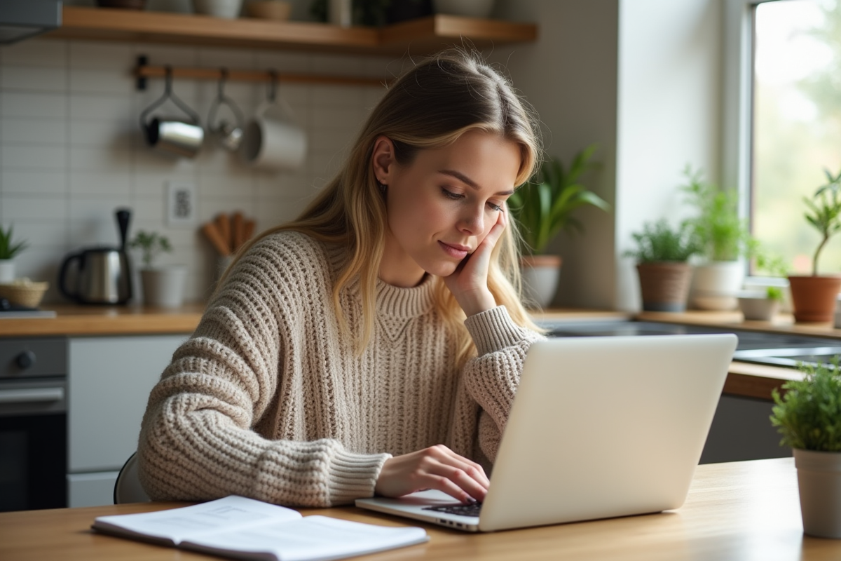 Femme concentrée remplissant un formulaire dans une cuisine lumineuse