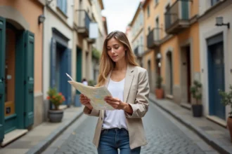 Jeune femme avec carte devant maisons anciennes Bayonne