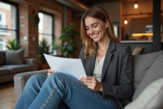 Jeune femme d'affaires dans un studio urbain en train de consulter des documents immobiliers