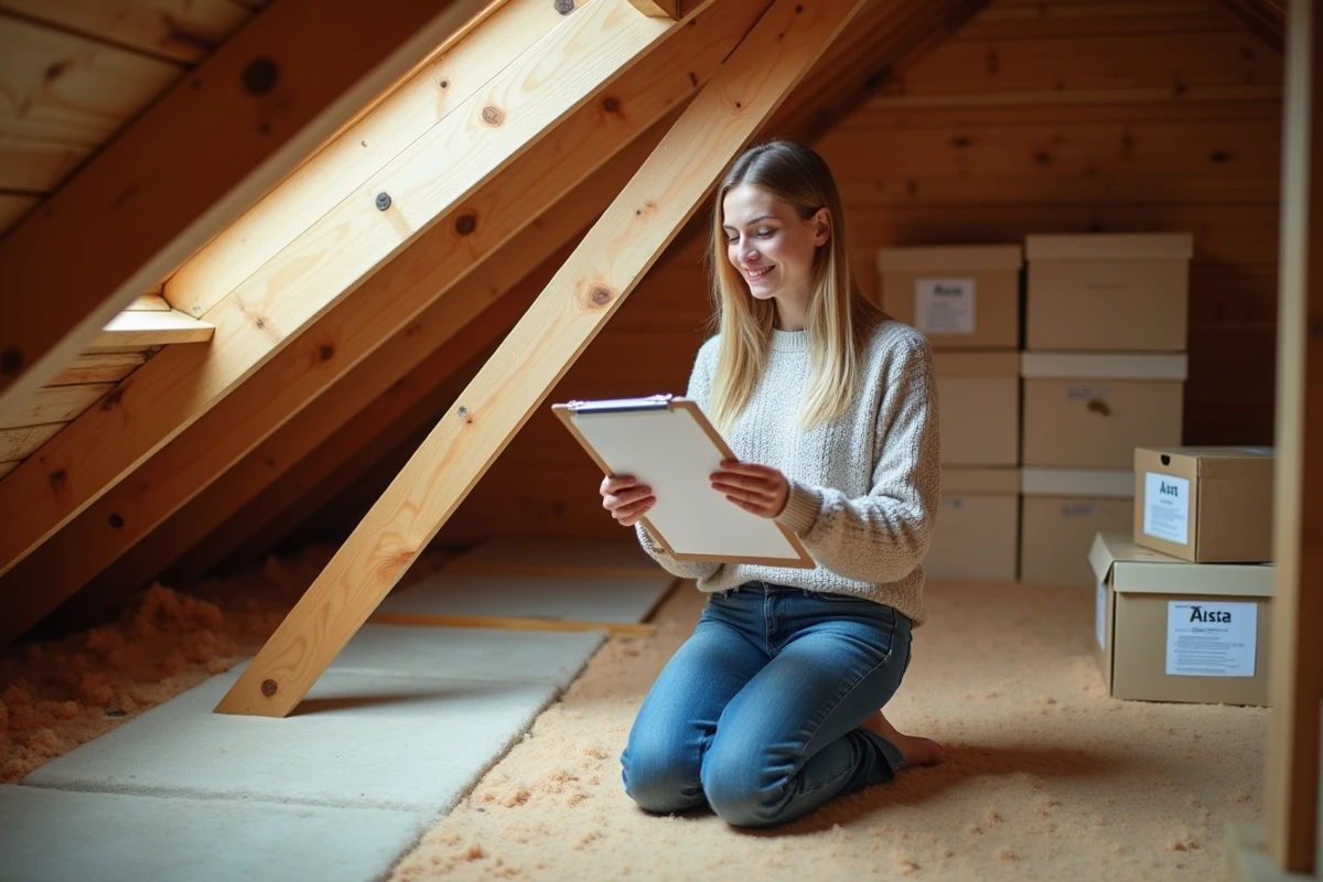 Femme inspectant l isolation dans un grenier avec un carnet