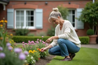 Femme d'âge moyen dans un jardin en train de soigner des fleurs
