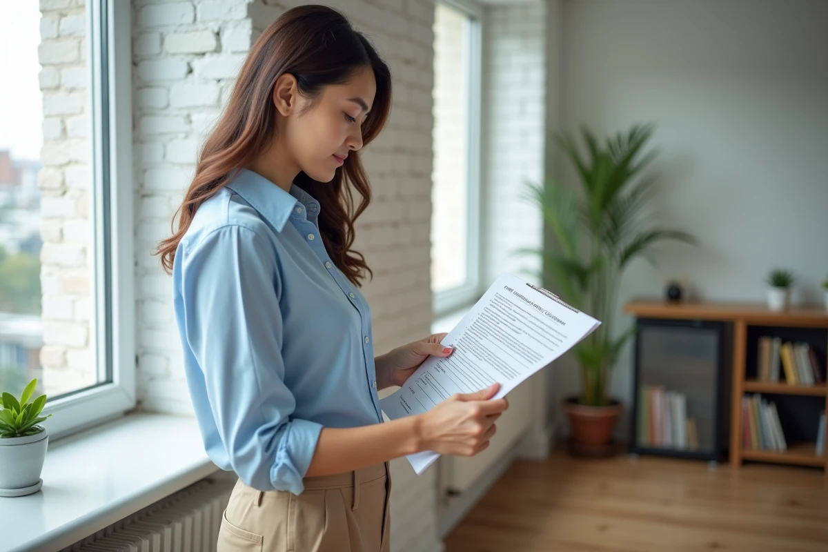 Jeune femme examinant un contrat de location dans un appartement