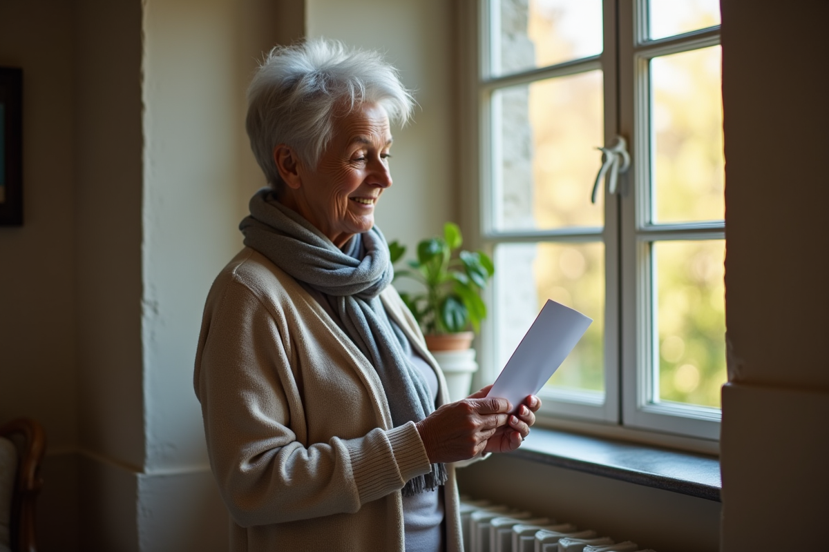 Femme âgée souriante tenant une lettre dans un salon ensoleille