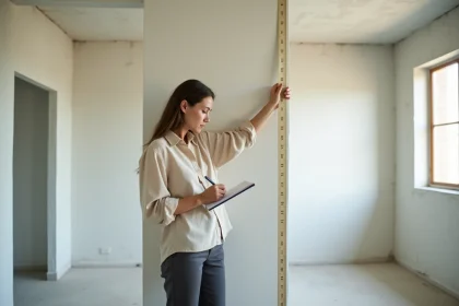 Femme mesurant les murs d'un appartement vide avec un mètre ruban pour calculer la superficie en mètres carrés