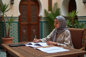 Femme marocaine en hijab dans un riad traditionnel