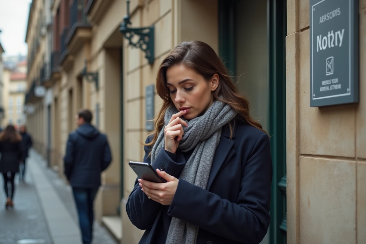 Femme curieuse regardant un email sur son smartphone dans la rue