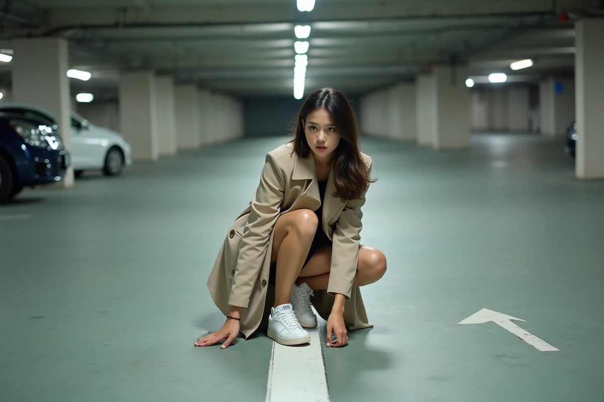 Jeune femme observant les lignes de parking souterrain