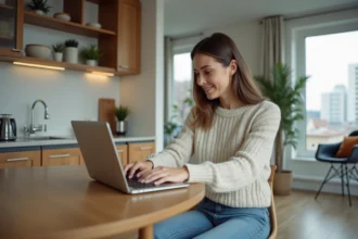 Femme dans la cuisine moderne utilisant un ordinateur pour saisir des données immobilières
