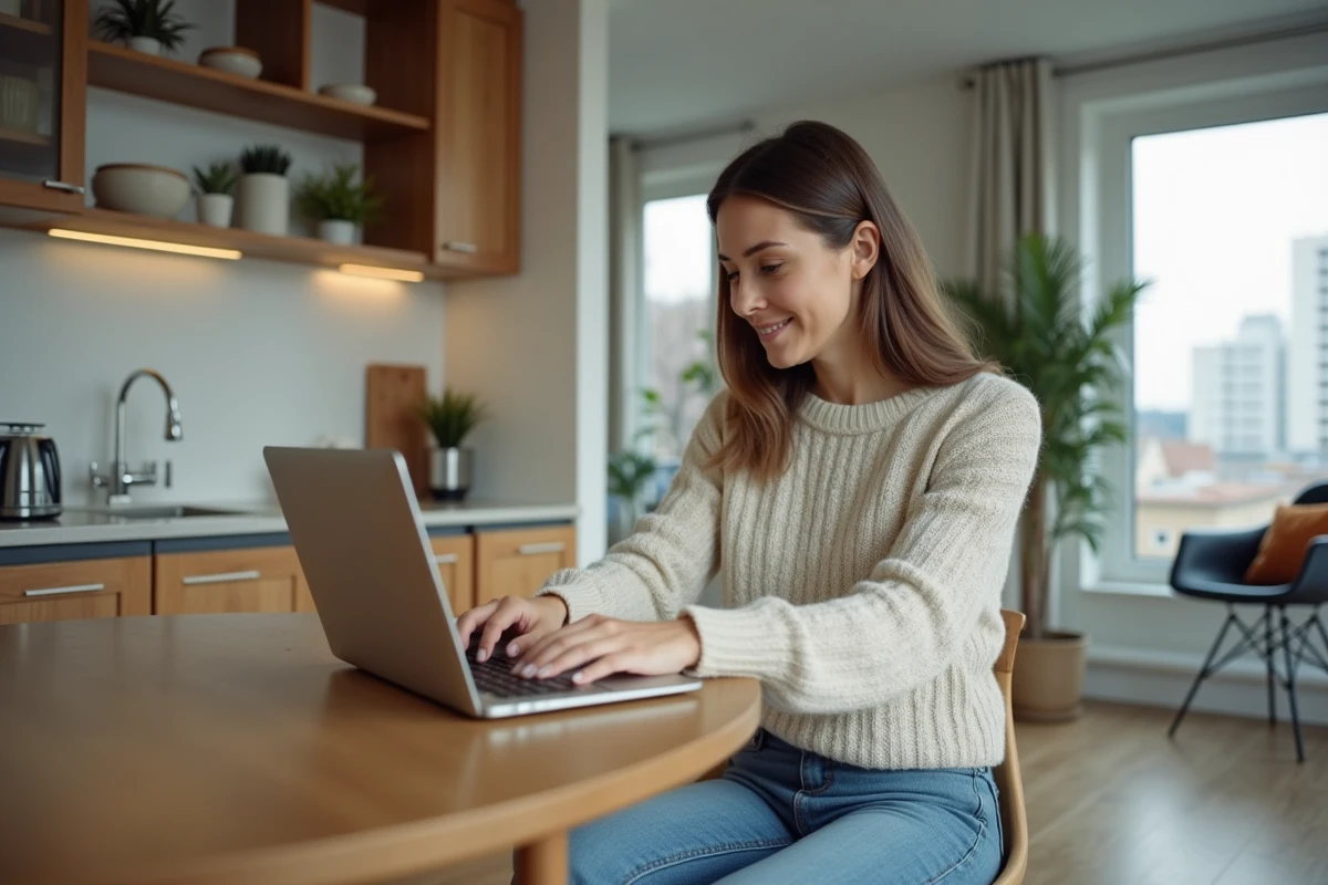Femme dans la cuisine moderne utilisant un ordinateur pour saisir des données immobilières