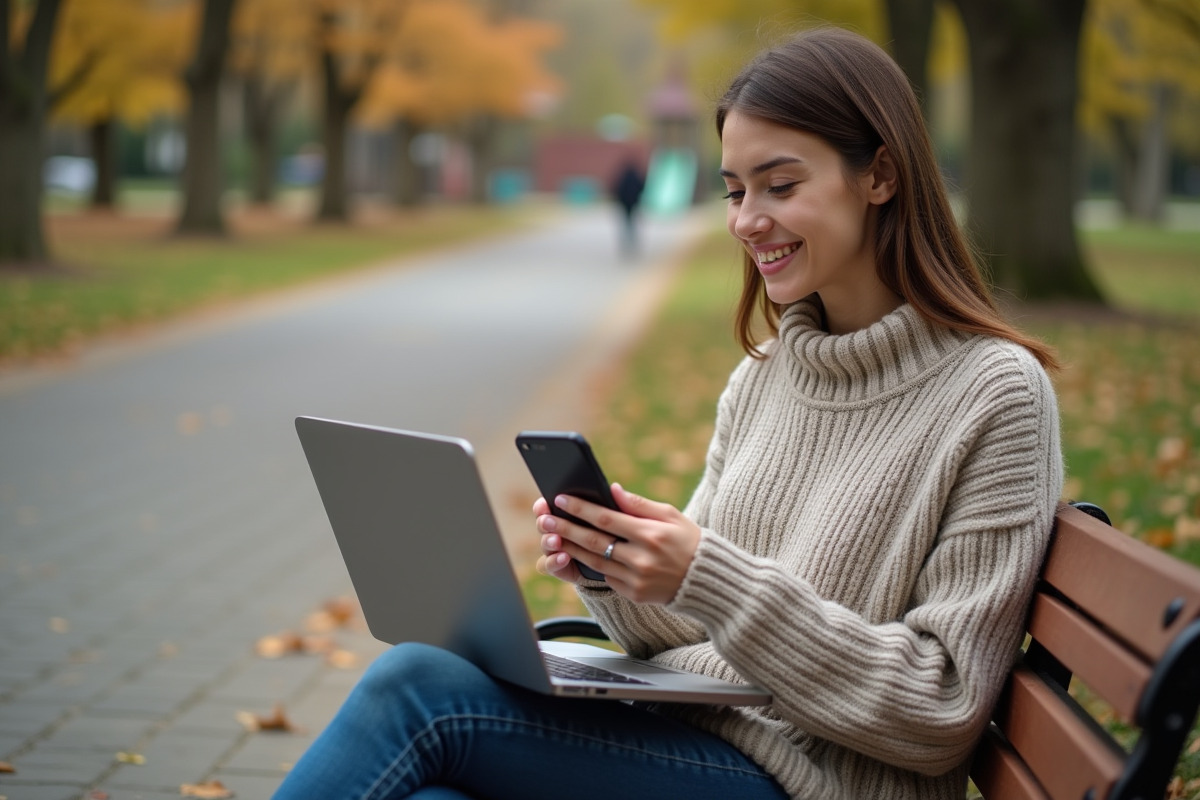 Jeune femme utilisant son ordinateur en plein air
