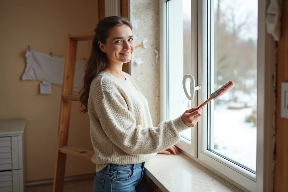 Jeune femme peignant le cadre de la fenêtre dans la maison