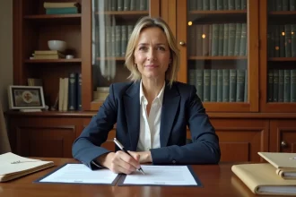 Femme notaire rédigeant une lettre pour dépôt de pièces manquantes dans un bureau juridique traditionnel