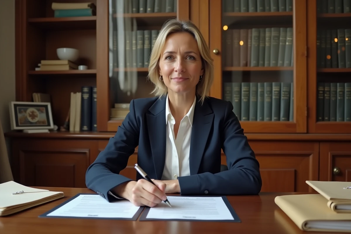 Femme notaire rédigeant une lettre pour dépôt de pièces manquantes dans un bureau juridique traditionnel