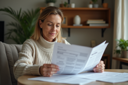 Femme d'âge moyen consulte documents d'assurance maison