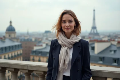 Femme élégante sur un rooftop parisien avec vue sur la ville