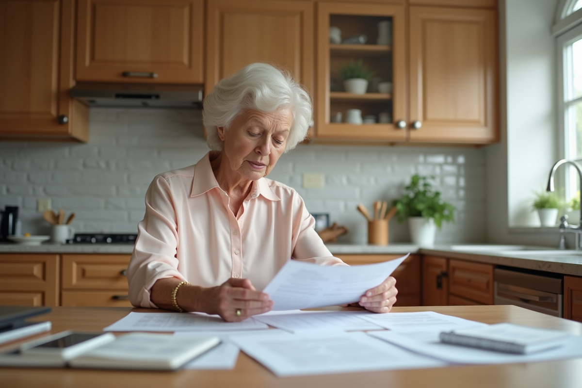 Femme âgée examinant des papiers dans une cuisine lumineuse