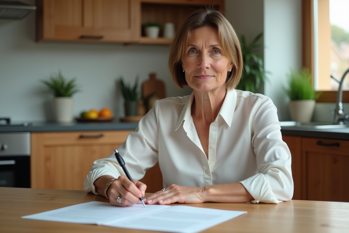 Femme d'âge moyen signant des documents d'enchères immobilières
