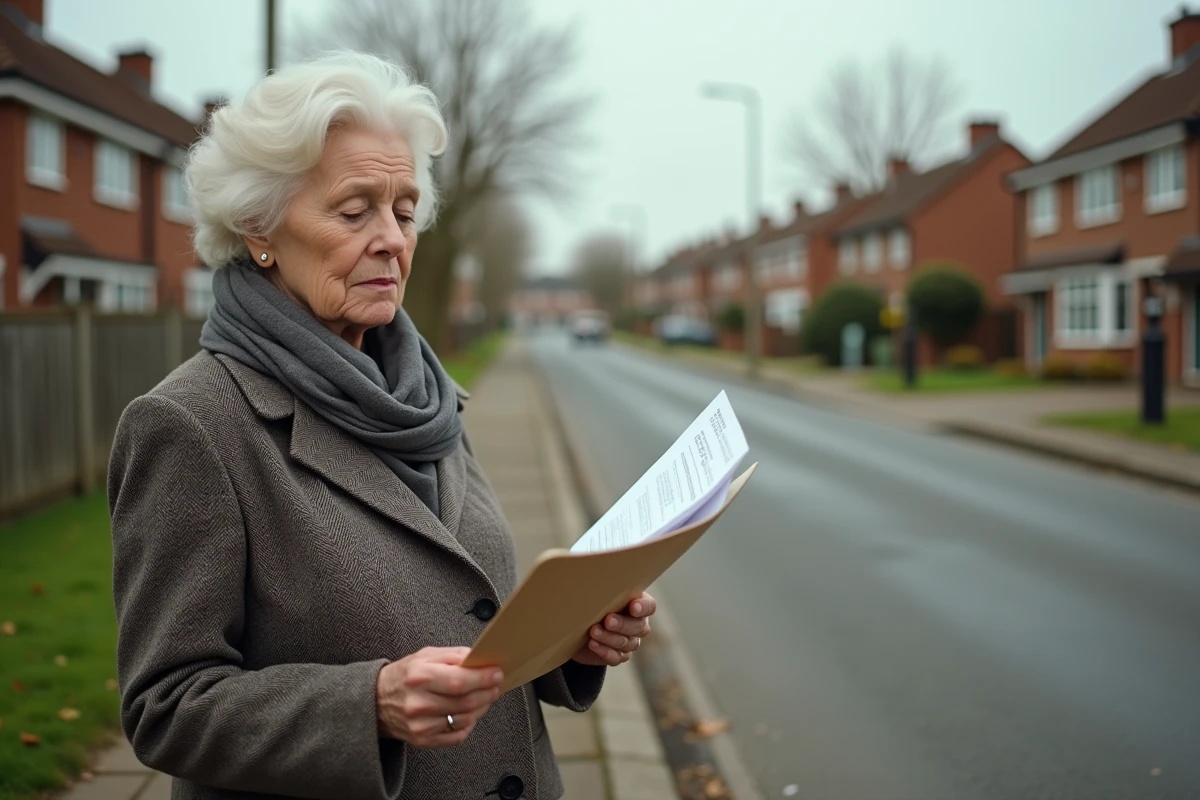 Femme âgée observant un terrain à vendre avec clôtures et maisons