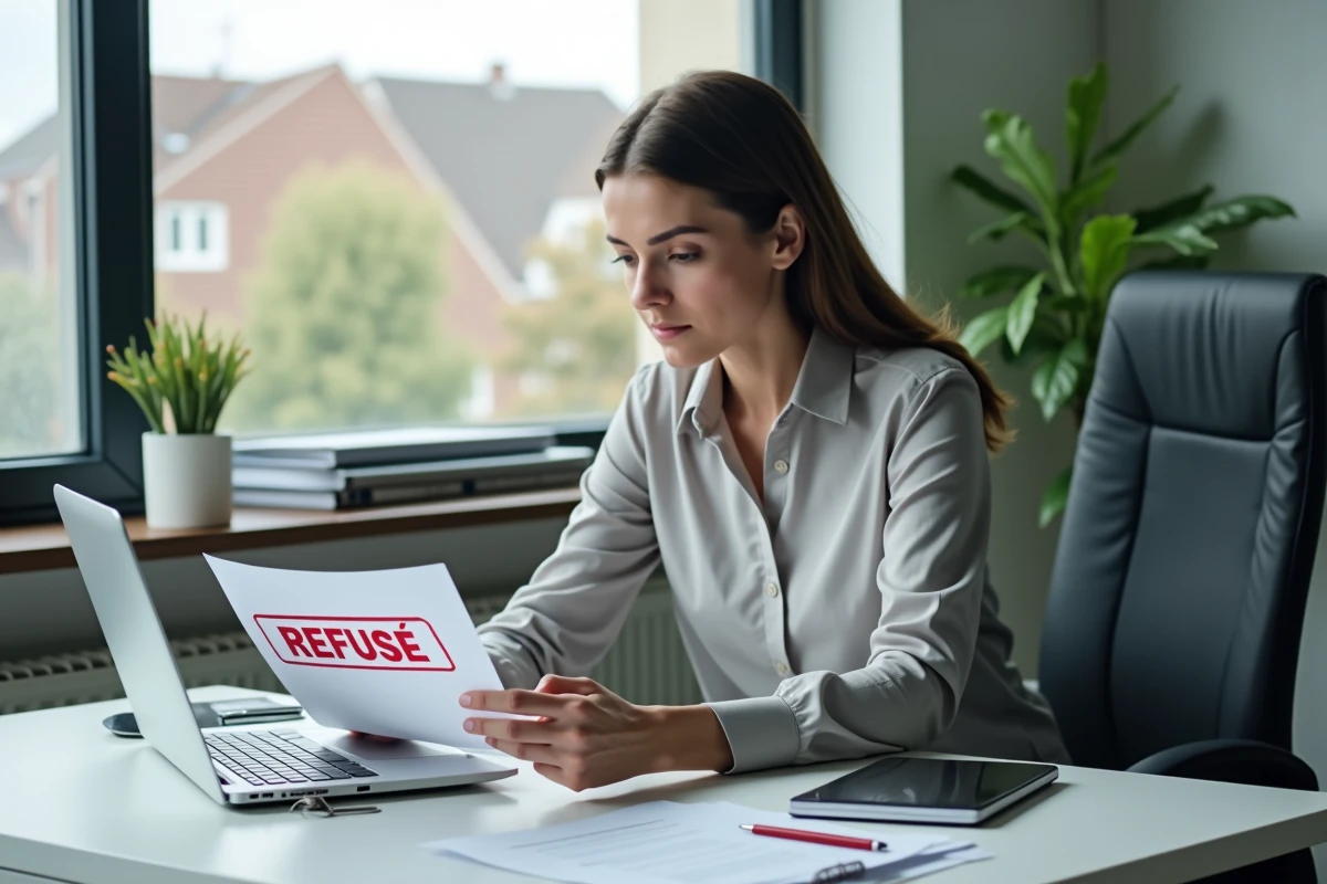 Femme d affaires travaillant sur un ordinateur avec document refuse