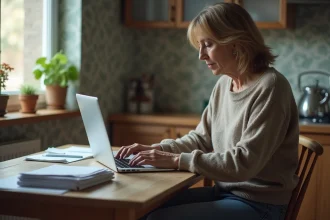 Femme d'âge moyen travaillant sur son ordinateur à la maison
