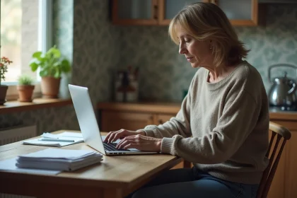 Femme d'âge moyen travaillant sur son ordinateur à la maison