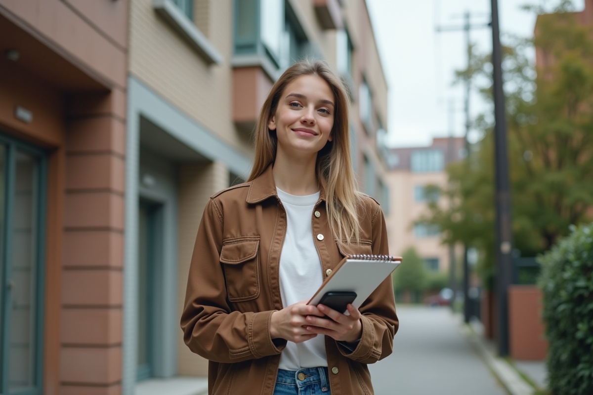 Jeune femme dans la rue devant un bien immobilier en location