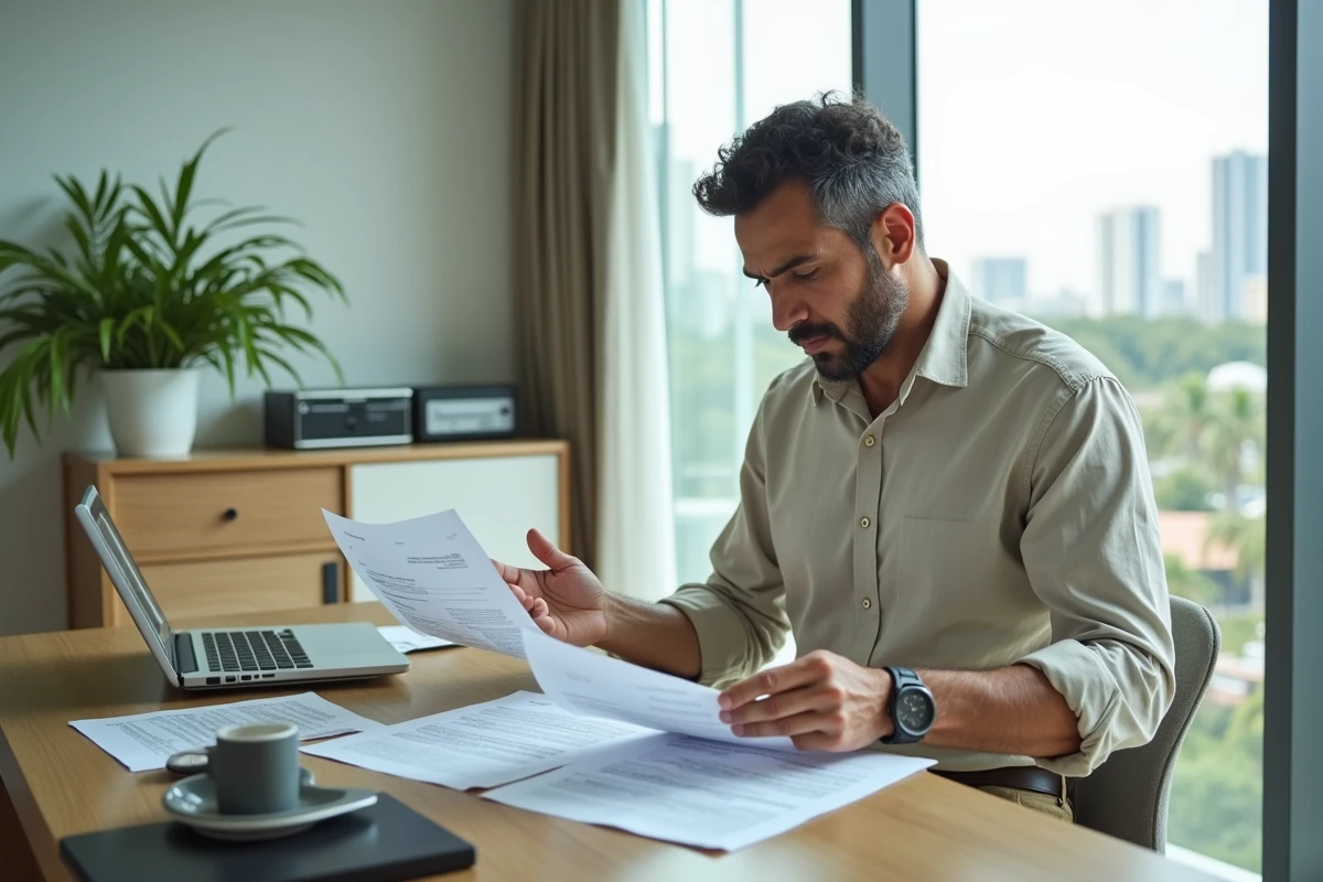 Expatrié français examinant des documents immobiliers dans un appartement en condominium à Thaïlande