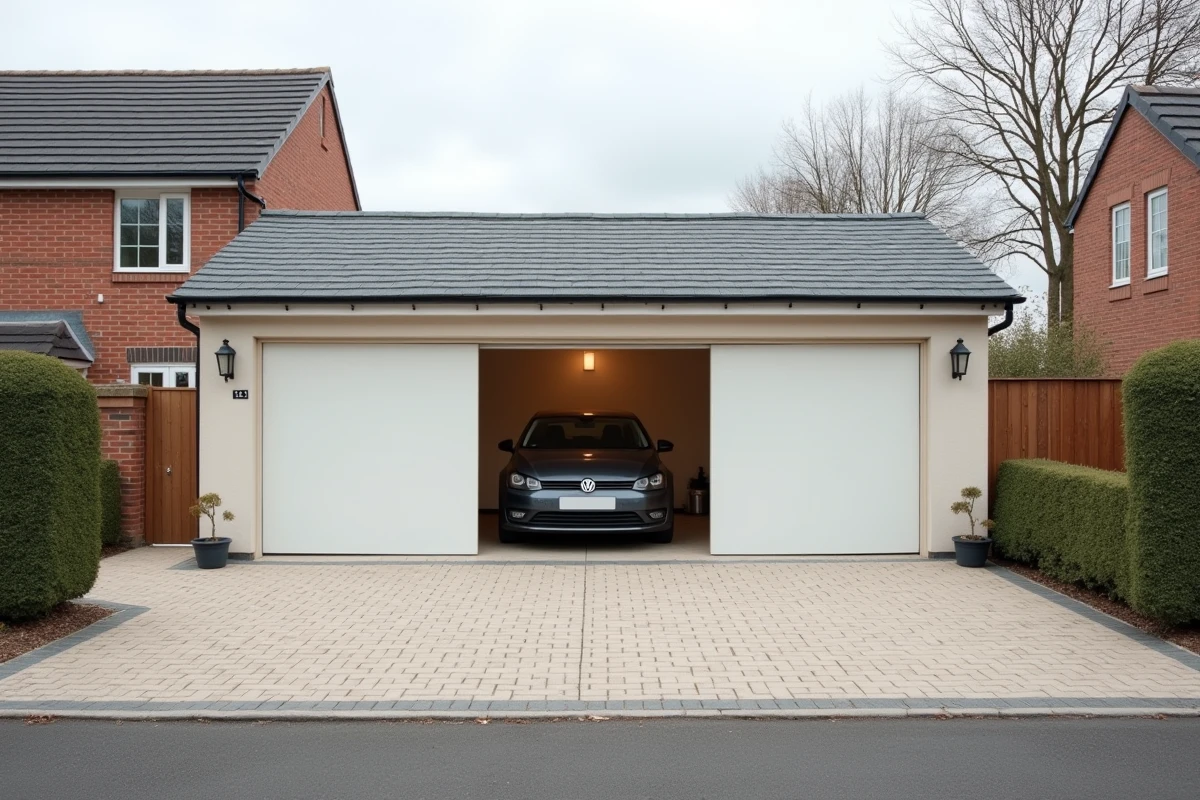 Garage résidentiel double en béton enduit avec portes sectionnelles blanches, illustration du coût de construction au mètre carré
