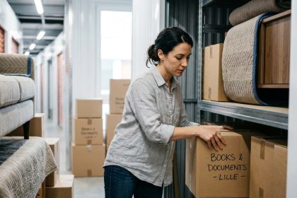 Femme organisant des cartons dans un box de garde-meuble moderne à Lille