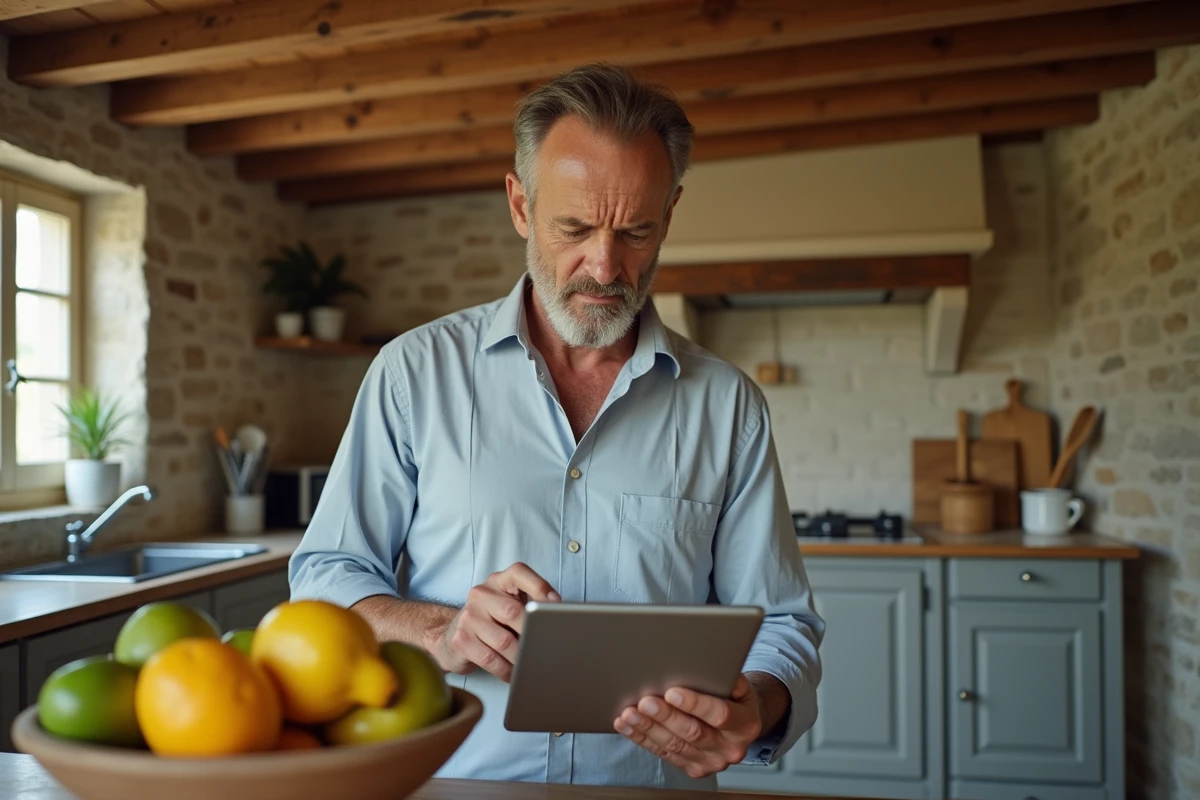 Propriétaire de gîte rural consultant une tablette pour récupérer l'accès à son espace Gîtes de France dans une cuisine en pierre