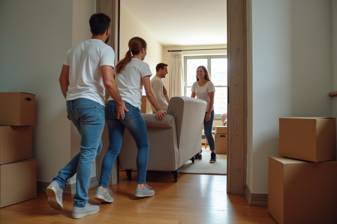 Groupe de quatre jeunes adultes portant un canapé dans un appartement