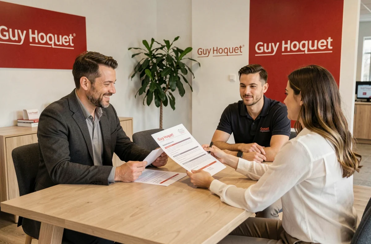 Conseiller Guy Hoquet Loiret présentant un engagement de services de gestion locative à des propriétaires