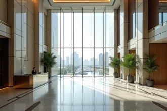 Hall d'entrée moderne d'un immeuble de bureaux à Almas Tower JLT Dubai avec marbre poli et murs vitrés donnant sur la marina